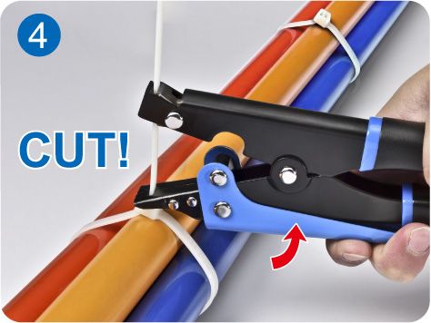 4. Continue holding tension handles together and squeeze cutter handle until cable tie strap is cut off.