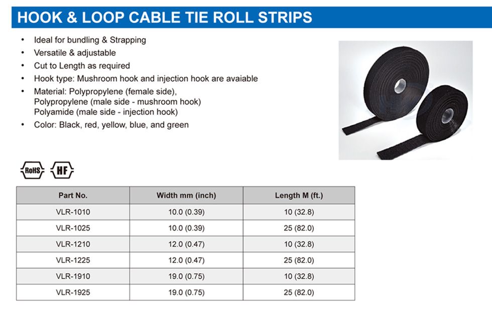 Rouleaux de bandes de attaches câbles à crochet et boucle - Spécifications