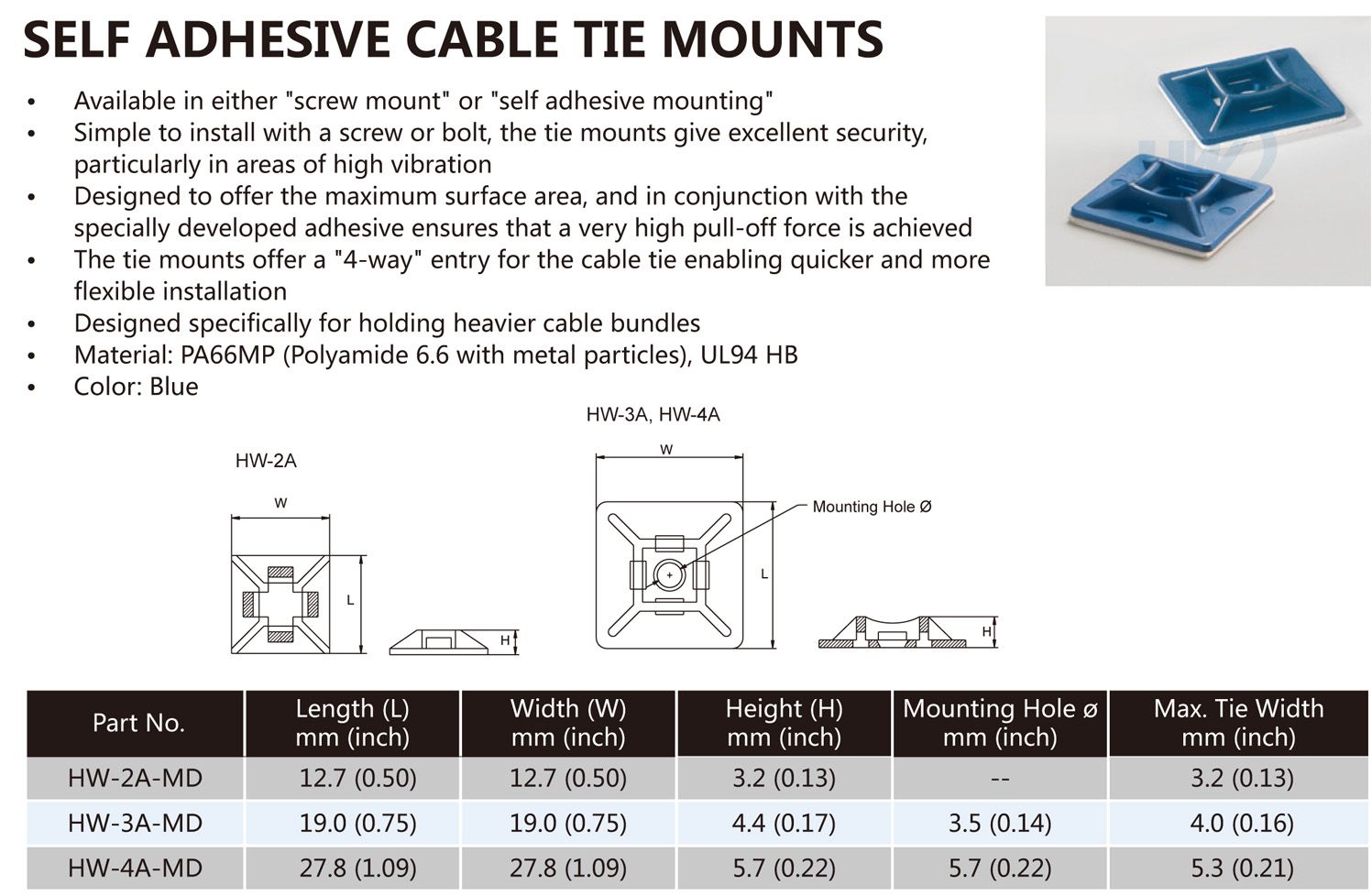 Especificaciones de los soportes autoadhesivos para bridas de cable detectables de metal